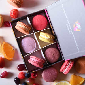 Fruity macarons gift box with 6 handmade flavours including raspberry, lemon, strawberry and passionfruit, luxury gift by post