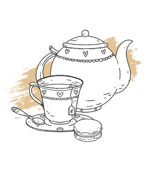 illustration outline of tea and pot with macaron