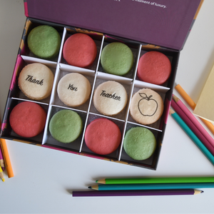 Thank You Teacher macaron gift box with printed vanilla, strawberry, and pistachio macarons – the perfect teacher appreciation gift.