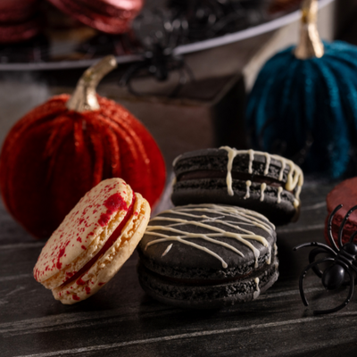 Halloween French macaron gift box featuring candy apple, popping candy and toasted marshmallow