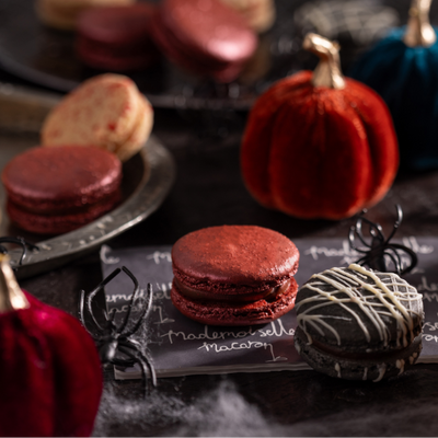 Halloween French macaron gift box featuring candy apple, popping candy and toasted marshmallow