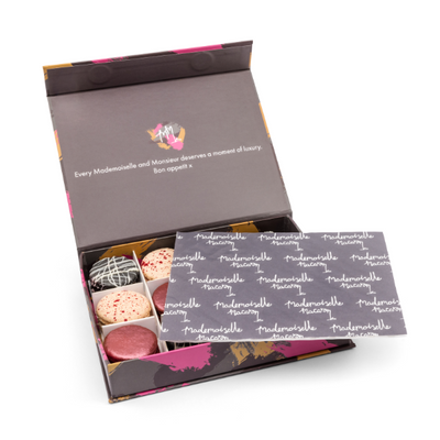Halloween French macaron gift box featuring candy apple, popping candy and toasted marshmallow