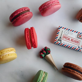 lemon, pistachio, chocolate and raspberry macarons