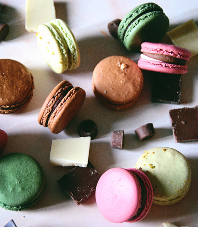 Handmade chocolate macaron selection with 18 indulgent flavours including praline, pistachio white chocolate and more