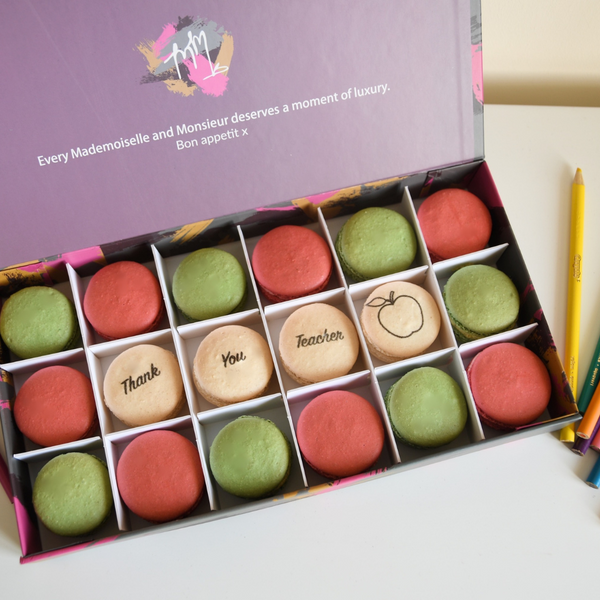 Best teacher gifts – colourful macaron box with personalised message for teacher appreciation.