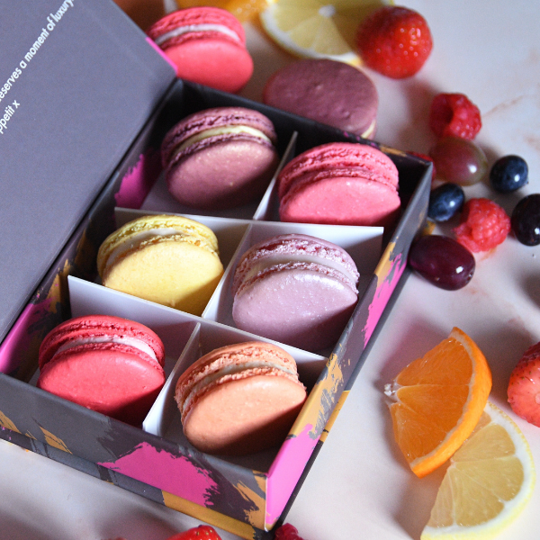 Handmade fruity macarons gift box with 18 assorted flavours, delivered by post as a luxury gift