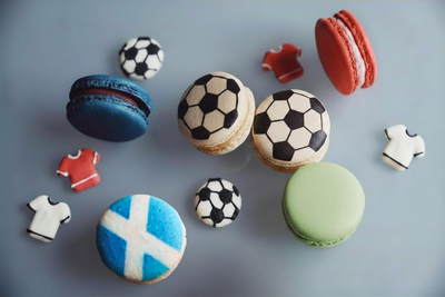 World Cup macarons. Macarons with Scotland flag and football design.