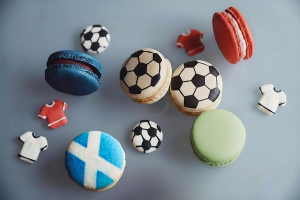 World Cup macarons. Macarons with Scotland flag and football design.