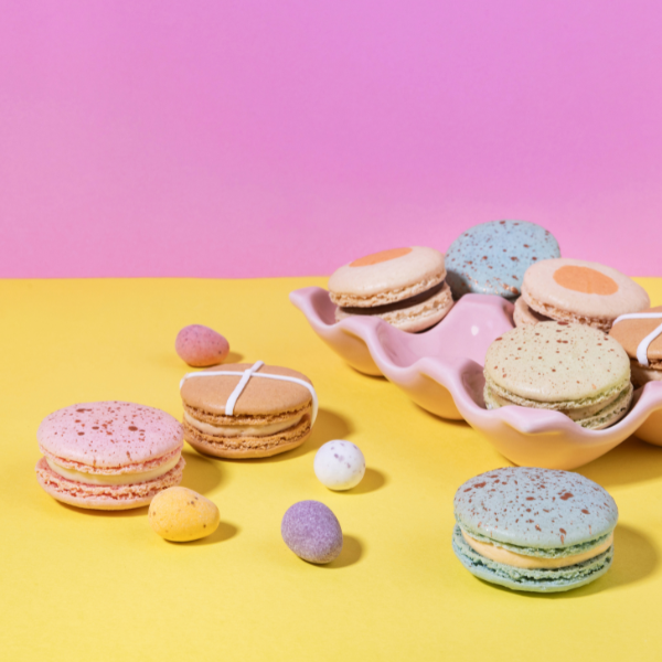Easter egg macaron gift box, creme egg, hot cross bun and mini egg macarons