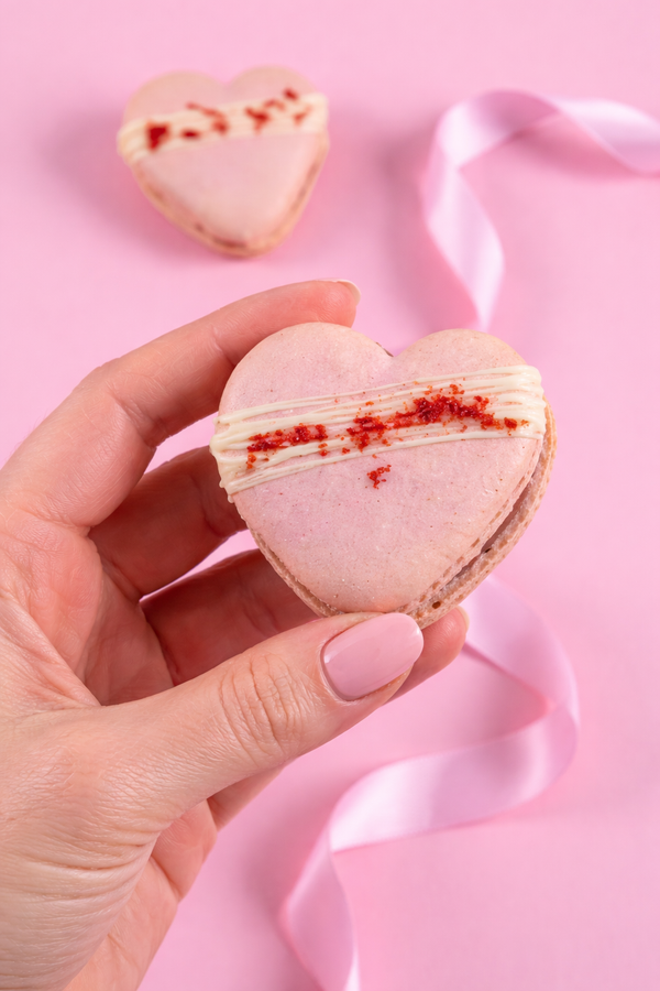 Love heart shaped French macaron close up 