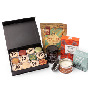 Large Branded Hot Chocolate Hamper - open branded macaron box with hot chocolate, chutney, shortbread, cheese sables and candle