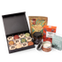 Large Branded Hot Chocolate Hamper - open branded macaron box with hot chocolate, chutney, shortbread, cheese sables and candle