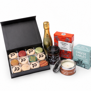 Large Branded Prosecco Hamper - open branded macaron box with mini Bottega Gold Prosecco, chutney, shortbread, cheese sables and candle