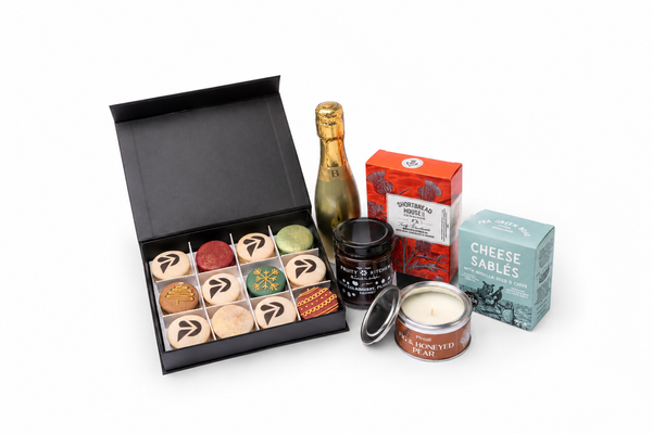 Large Branded Prosecco Hamper - open branded macaron box with mini Bottega Gold Prosecco, chutney, shortbread, cheese sables and candle