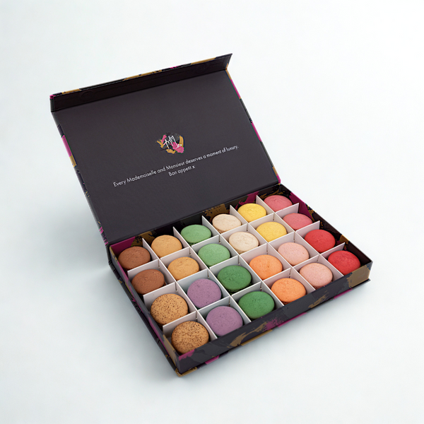 Macarons online from Mademoiselle Macaron, luxury gift box with award winning pistachio and passionfruit flavours