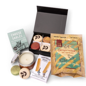 Medium Branded Hot Chocolate Hamper - branded macaron box with hot chocolate, shortbread fingers, cheese sables and candle
