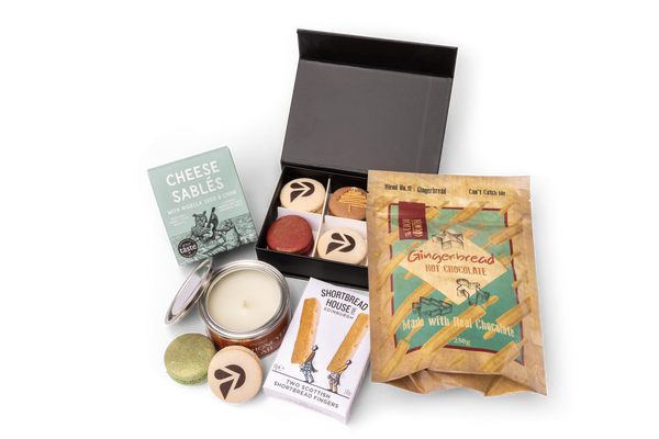 Medium Branded Hot Chocolate Hamper - branded macaron box with hot chocolate, shortbread fingers, cheese sables and candle