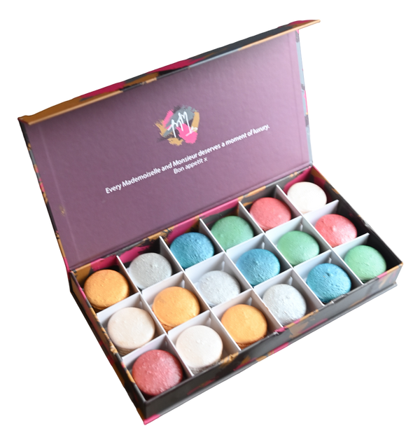 Handmade macarons with a sparkling metallic finish for cake decorating or gifting