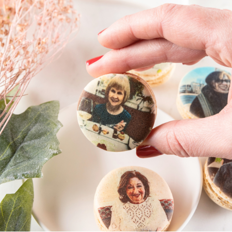 close up of a photo printed on a French macaron
