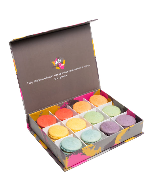 Colourful French macarons gift box with chocolate, pistachio and salted caramel, ideal for parties and gifting