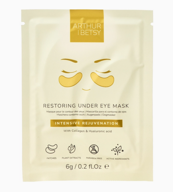 Arthur Betsy Restoring Under Eye Mask in a cream-colored single-use pouch with Collagen & Hyaluronic acid. Part of the Relaxation Macaron Gift Set.