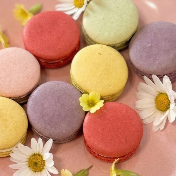 Pastel-colored French macarons on a pink plate with flowers in the background