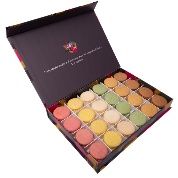 Large macaron gift box with 24 French macarons in classic flavours, perfect for birthdays, parties or sharing