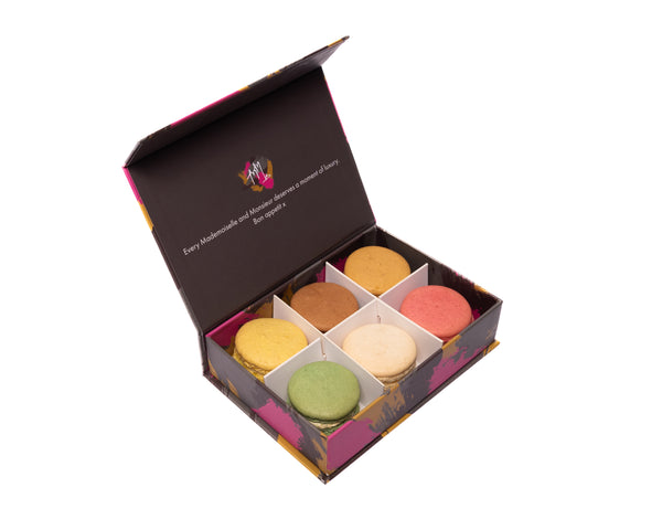 Classic macaron gift box with 6 handmade French macarons in assorted flavours, perfect luxury gift by post